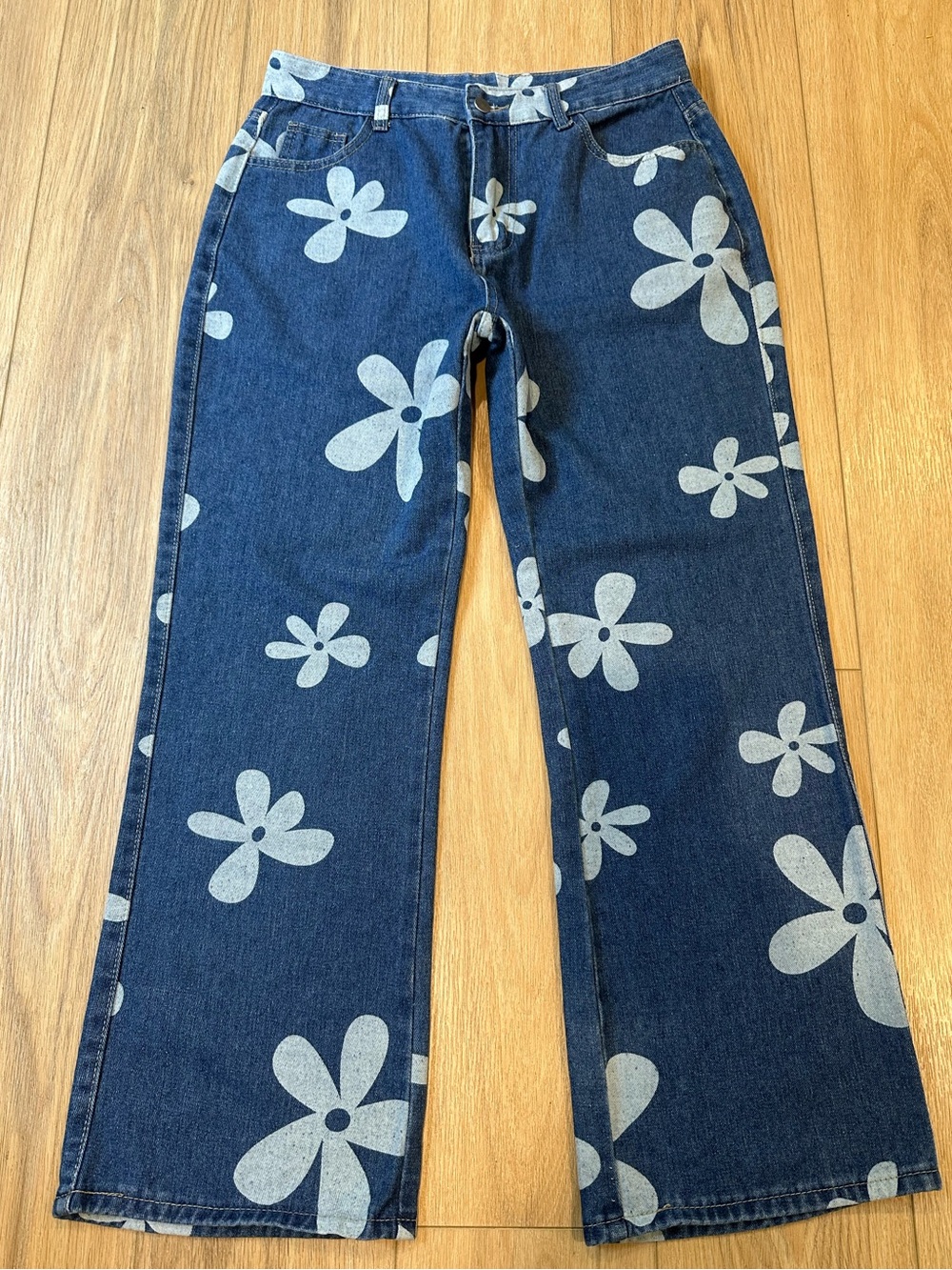 SHEIN Y2K Floral Print Wide Straight Leg Jeans Blue White Daisy Denim Large